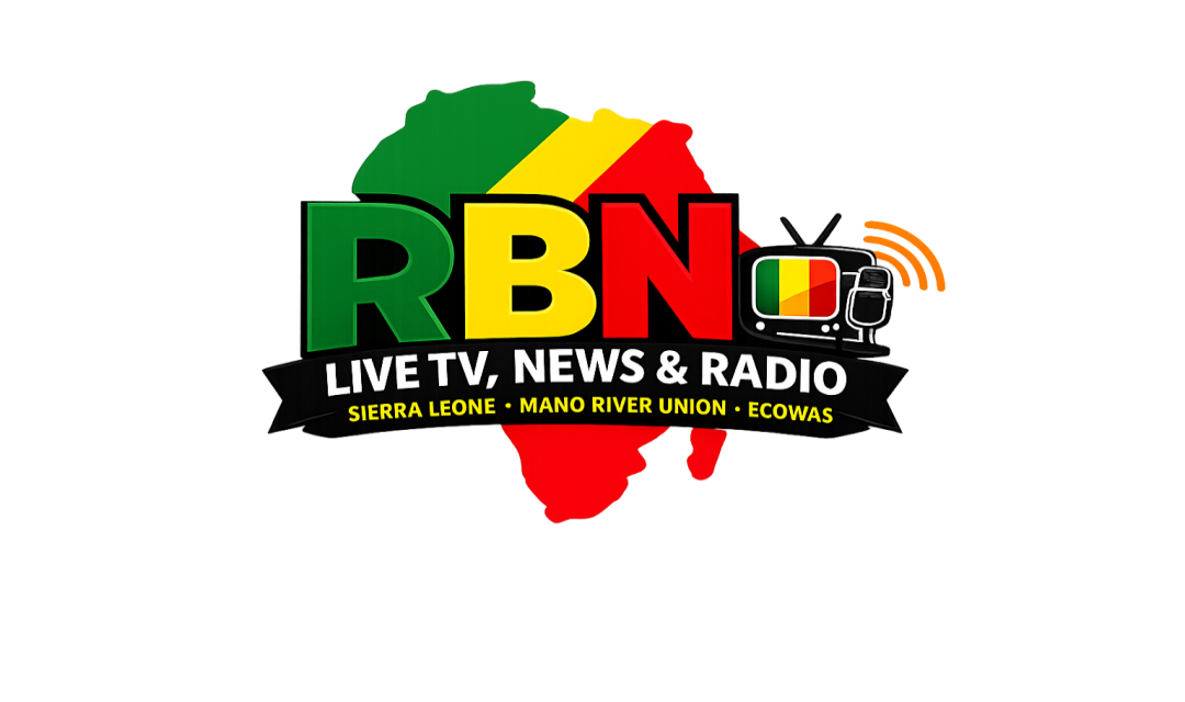 RBN Live TV, News & Radio logo featuring Africa in Pan-African colours with broadcast TV and radio icons representing Sierra Leone, the Mano River Union and ECOWAS.