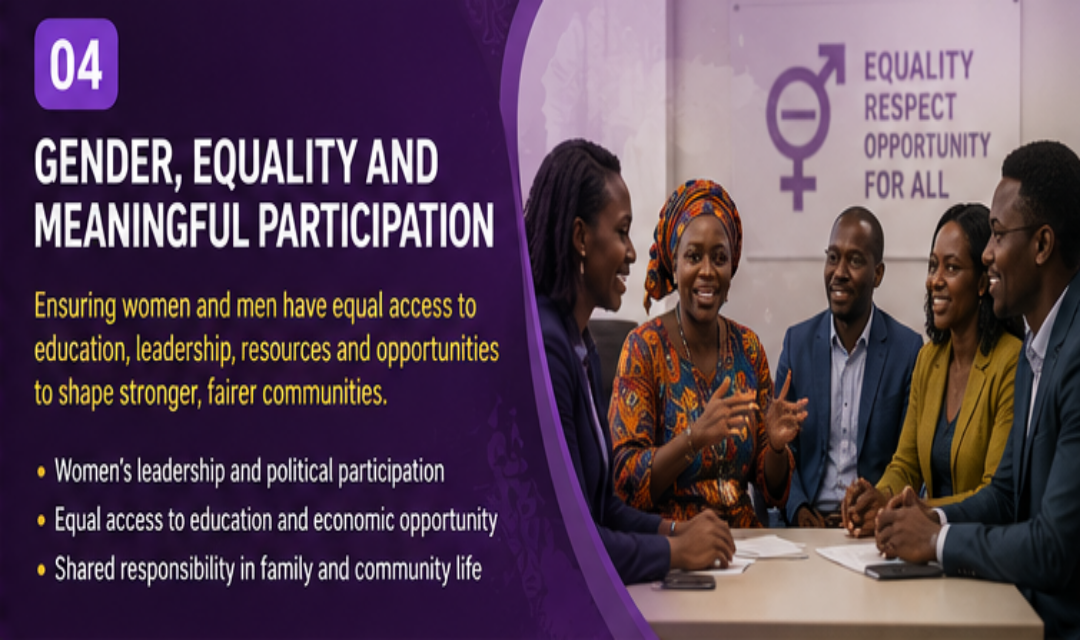 Women and men participating equally in leadership and community development